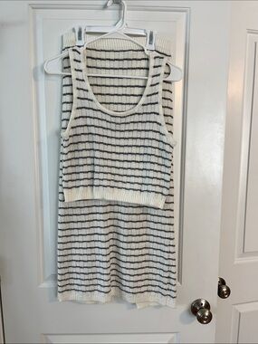 Cream and Black Striped Maxi Skirt Set - Sleeveless Knit
